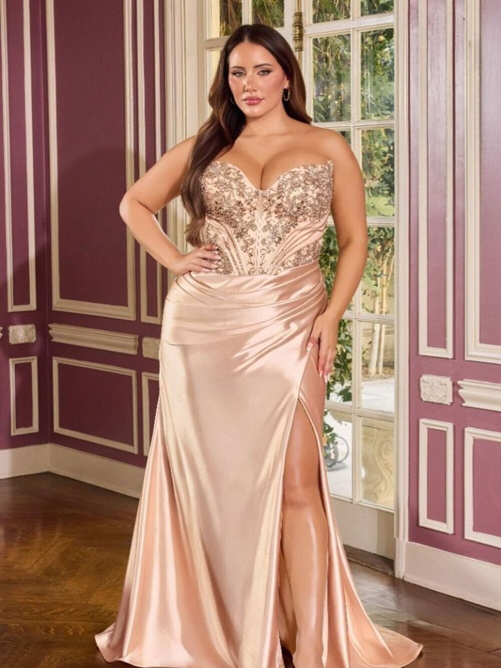 New Champagne Sleeveless Plus Size Evening Dress w/ Beaded Bodice CD KV1136C